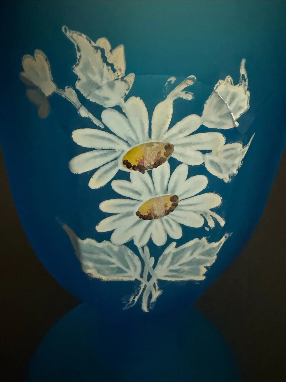 Blue Frosted Glass Apothecary Jar Lidded Hand-Painted White Daisies WESTMORELAND